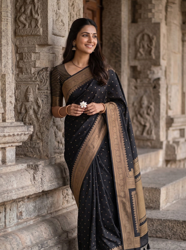 Banarasi Silk Black Golden Zari Framed Panel Saree with Tassels