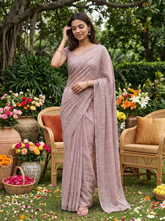 Chiffon Dusty Rose Bamboo Blossom Thread Embroidered Saree