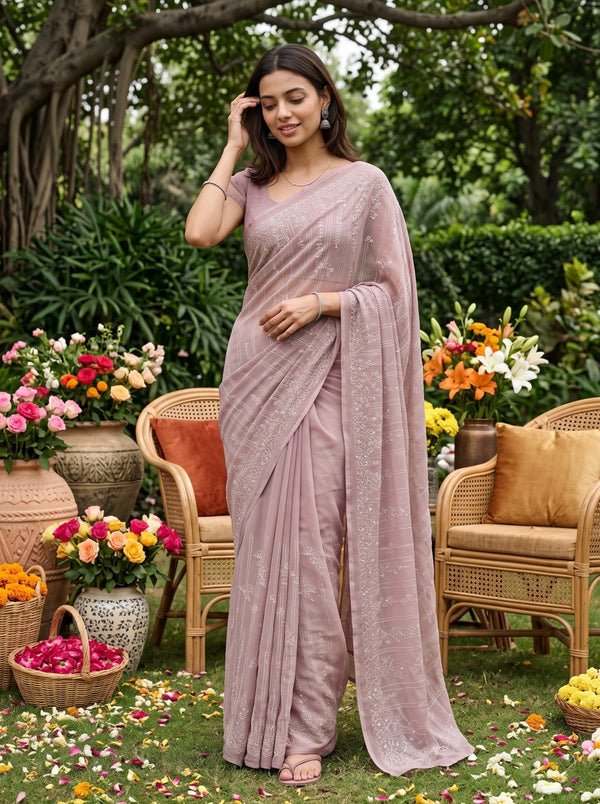 Chiffon Dusty Rose Bamboo Blossom Thread Embroidered Saree