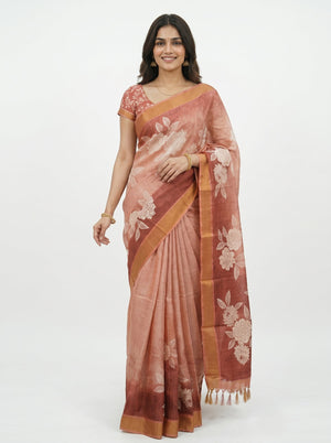 Linen Peach Floral Printed Saree