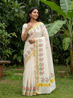 Cotton Cream Red Floral Print Kerala Saree with Golden Zari Border