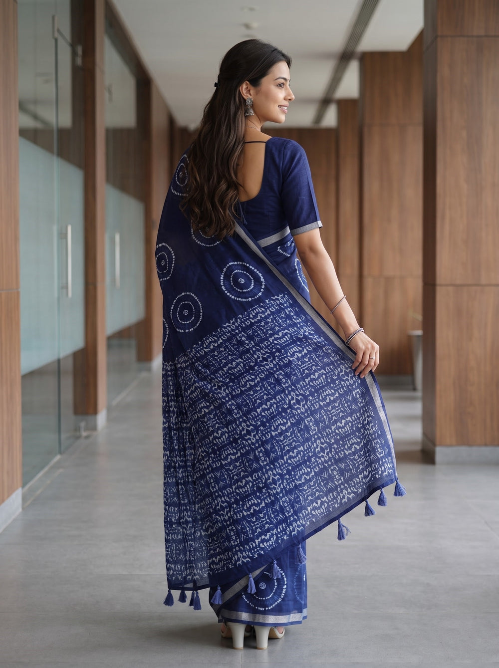 Cotton Batik Print Saree in Navy Blue with Tie-Dye Circle Motifs