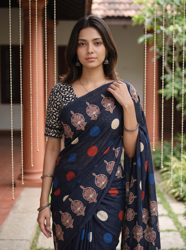 Cotton Black Saree with Multicolor Traditional Motif and Geometric Border