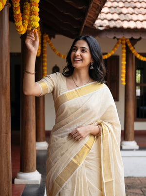 Tissue Cream Golden Shimmer Border Onam Special Kerala Saree