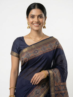 Chanderi Navy Blue Traditional Ikat Saree