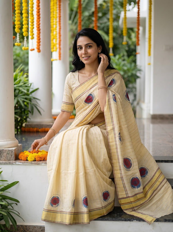 Tissue  Golden Pinstripe Circular Motif with Multi-Stripe Border Onam Special Kerala Saree