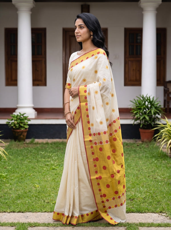 Cotton Cream Polka Dot Onam Special Kerala Saree