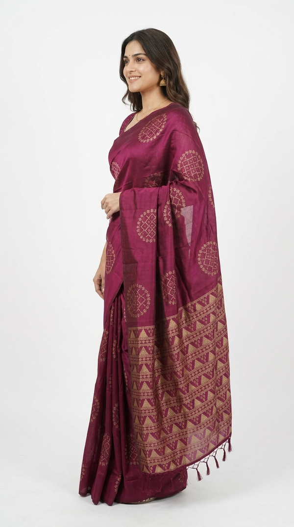 Art Silk Wine Purple Geometric Zari Motif Saree