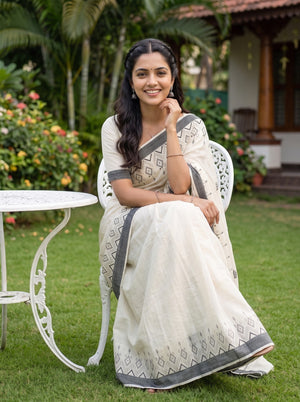 Cotton Off-White Grey Aztec Print Onam Special Kerala Saree