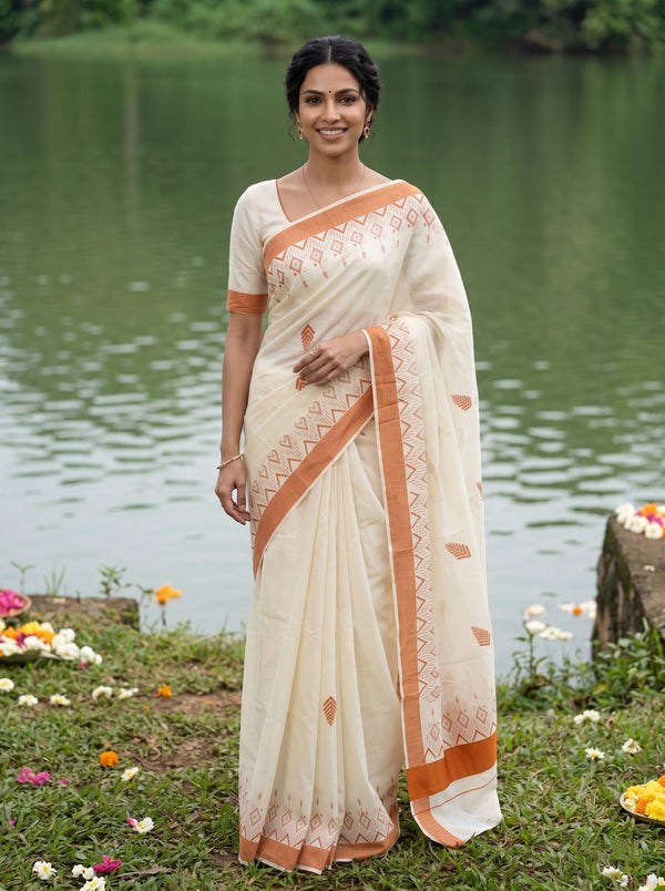 Cotton Off-White Orange Aztec Print Onam Special Kerala Saree