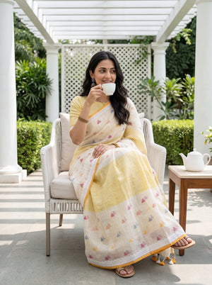 Linen Cream Yellow Ombre Multicolor Weave Lace Trim Saree