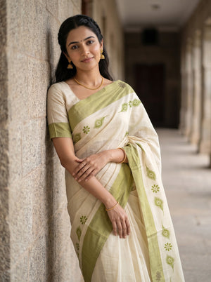 Tissue Cream Green Peacock Feather Print with Border Onam Special Kerala Saree