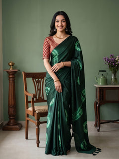 Synthetic Green Tie Dye Ring Pattern Saree with Tasseled Pallu
