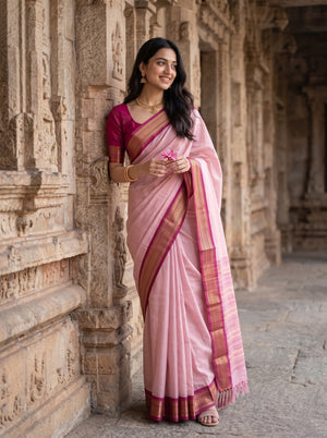 Semi Silk Pink Saree with Maroon Zari Floral Border