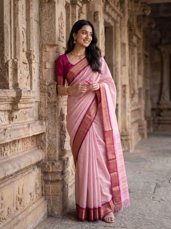 Semi Silk Pink Saree with Maroon Zari Floral Border