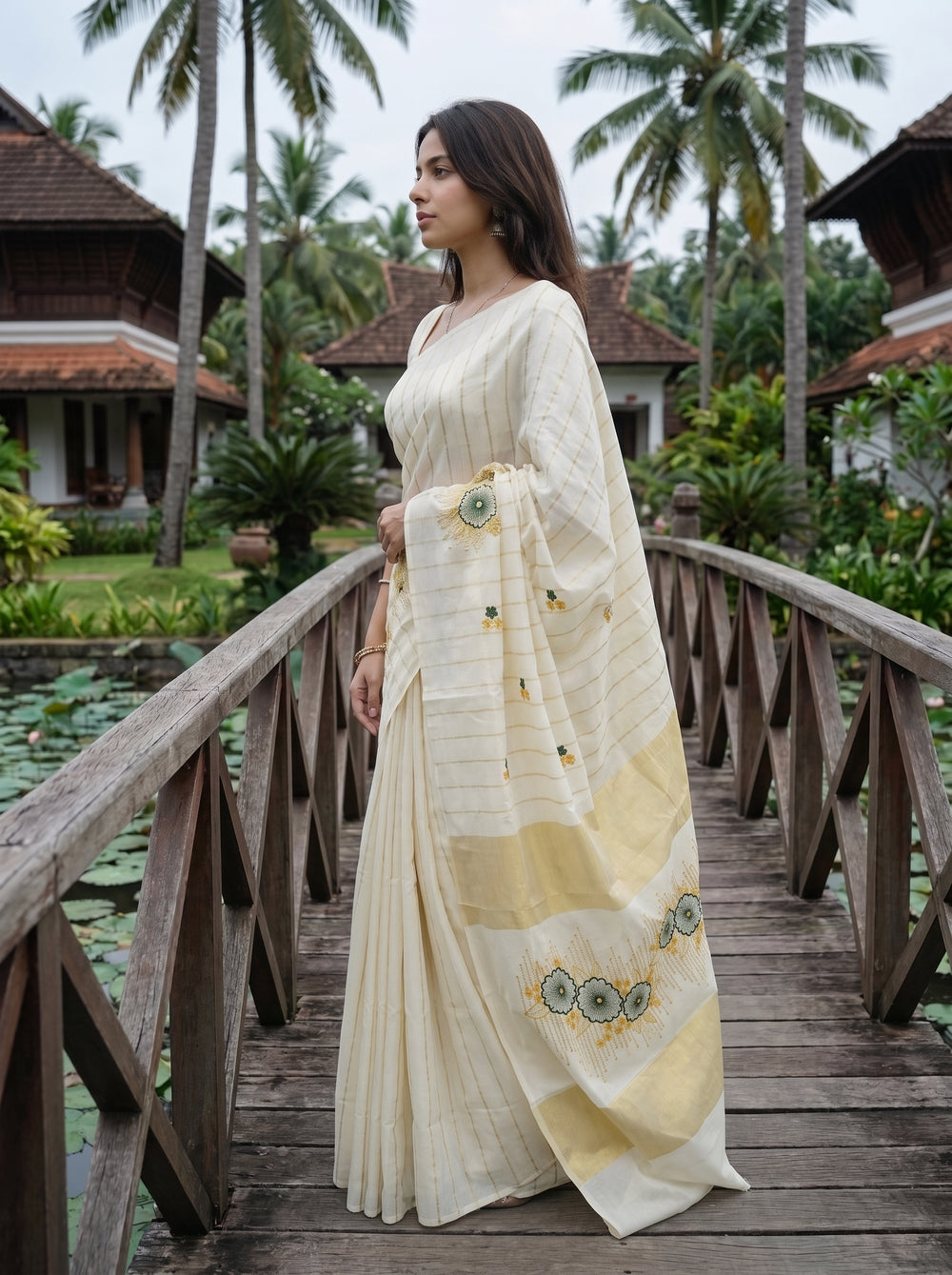Cotton Cream Pinstripe Kasavu Kerala Saree with Embroidered Floral Border