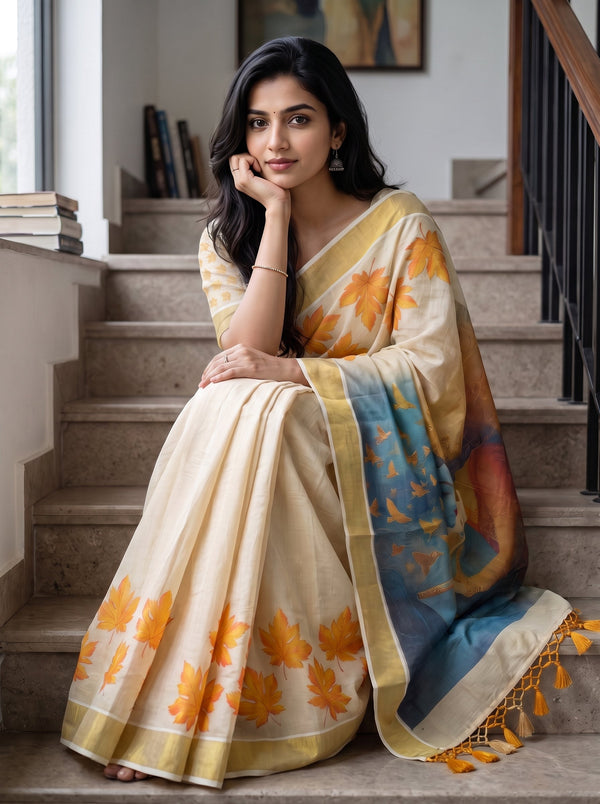 Tissue Cream Lord Krishna & Radha Print Pallu Set Saree