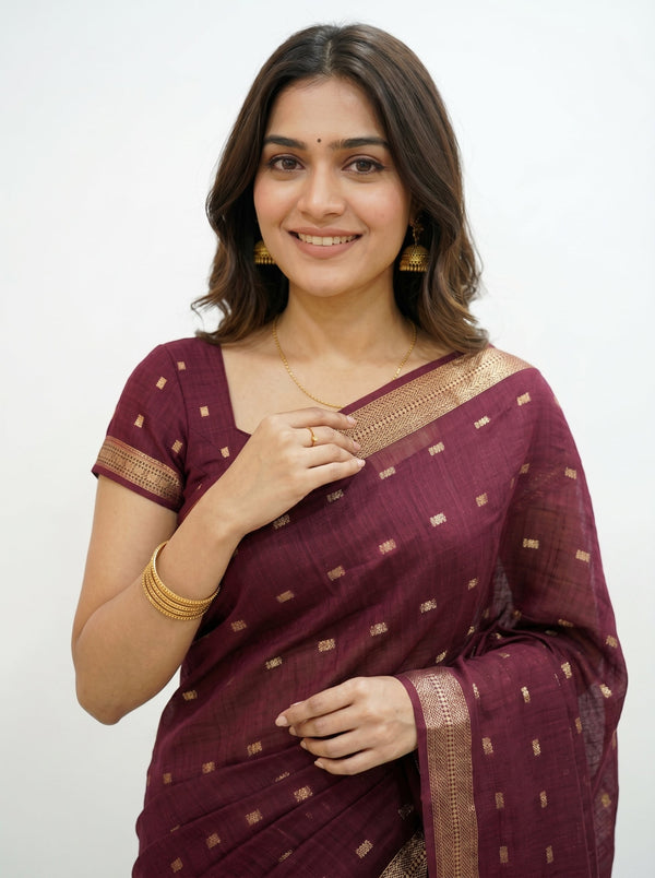 Chanderi Deep Wine Woven Butta Saree
