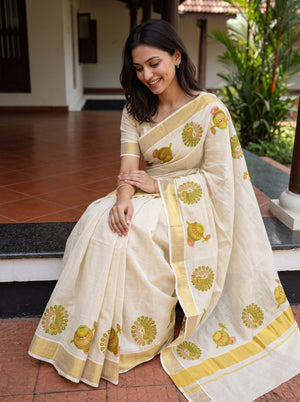 Tissue Cream Kerala Saree with Peacock and Pot Print Pallu, Golden Zari Border
