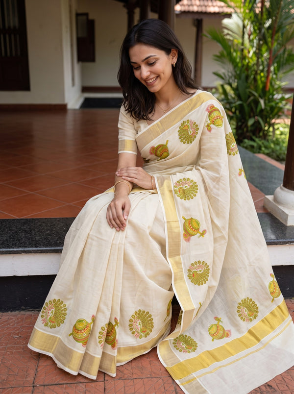 Tissue Cream Kerala Saree with Peacock and Pot Print Pallu, Golden Zari Border