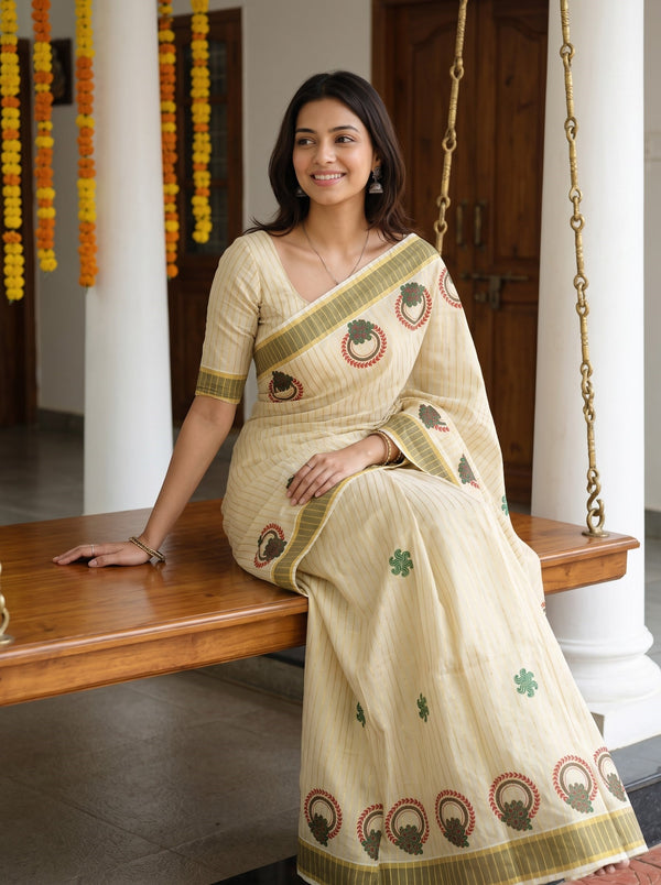 Tissue Golden Pinstripe with Floral Medallion Print and Olive Border Kerala Saree