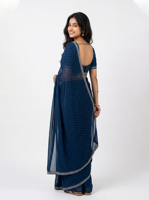 Georgette Navy Blue Stone Studded Saree with Pearl Beaded Border