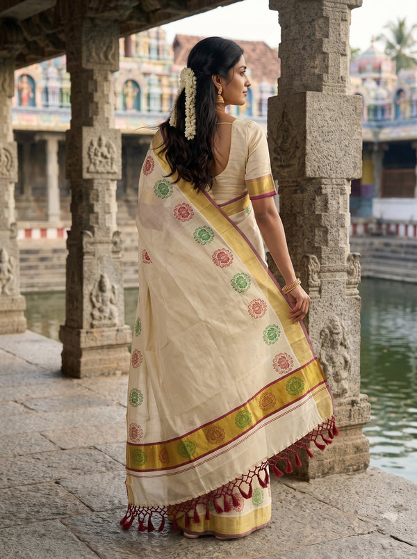 Tissue Cream Kerala Saree with Lotus Motif Print Border, Golden Zari and Maroon Border