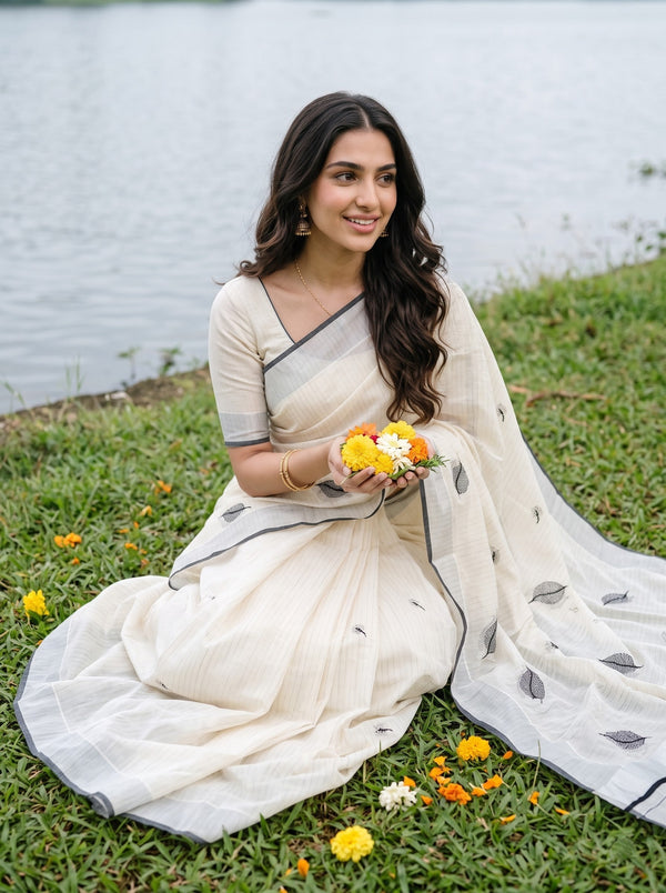 Cotton Off-White Black Leaf Print Onam Special Kerala Saree