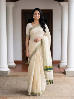 Tissue Cream Olive Green Tasseled Border Onam Kerala Saree