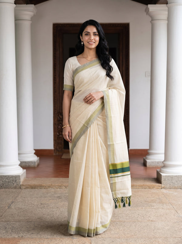 Tissue Cream Olive Green Tasseled Border Onam Kerala Saree