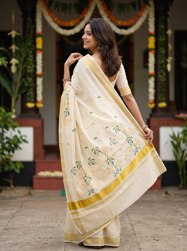 A woman wearing a cream-colored cotton saree with green floral embroidery and a mustard yellow border, standing in a courtyard decorated with garlands.