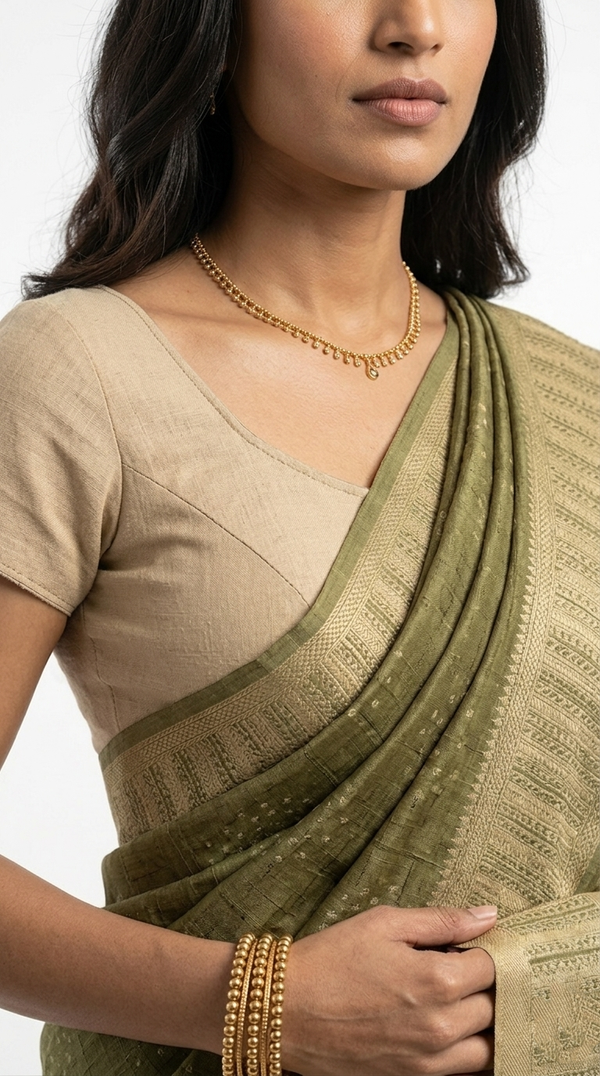 Cotton Olive Green Geometric Printed Saree