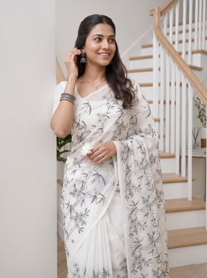 Net Kota Off-White Saree with Black Floral Vine Design
