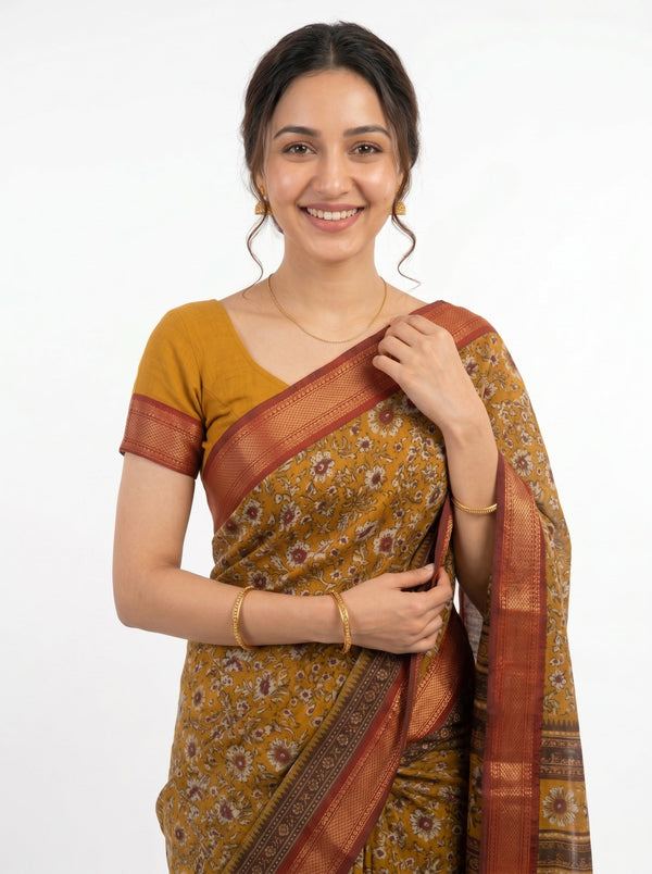 Chanderi Mustard Yellow Floral Printed Saree