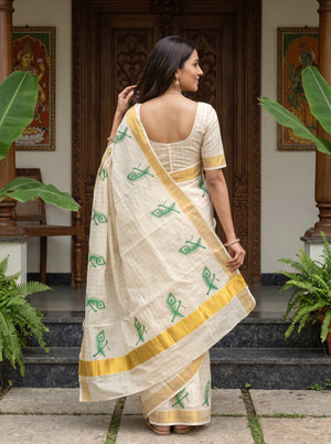 Tissue Cream Peacock Feather Print Kerala Saree with Golden Zari Border