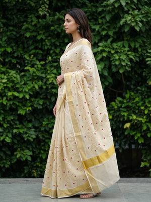 Tissue Cream Embroidered Leaf Kerala Kasavu Saree with Red Mirror Work