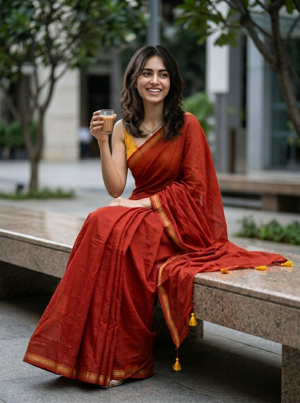 Mul Mul Cotton Rust Red Plain Saree with Golden Zari Border