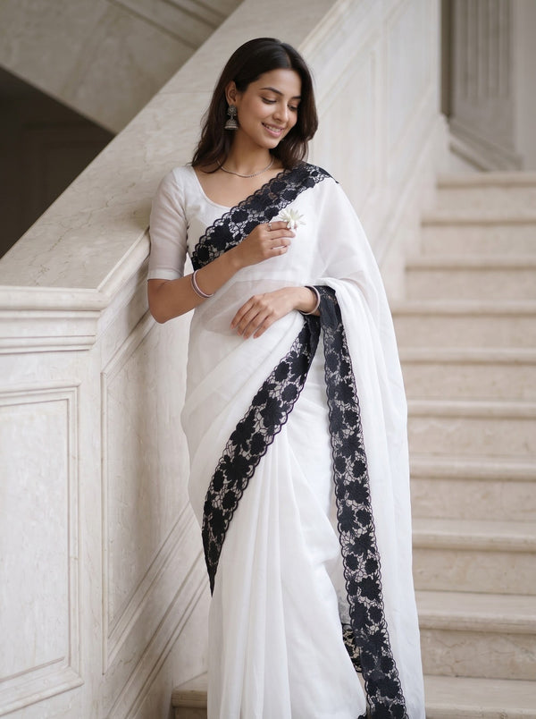 Organza White Black Lace Applique Floral Scalloped Border
