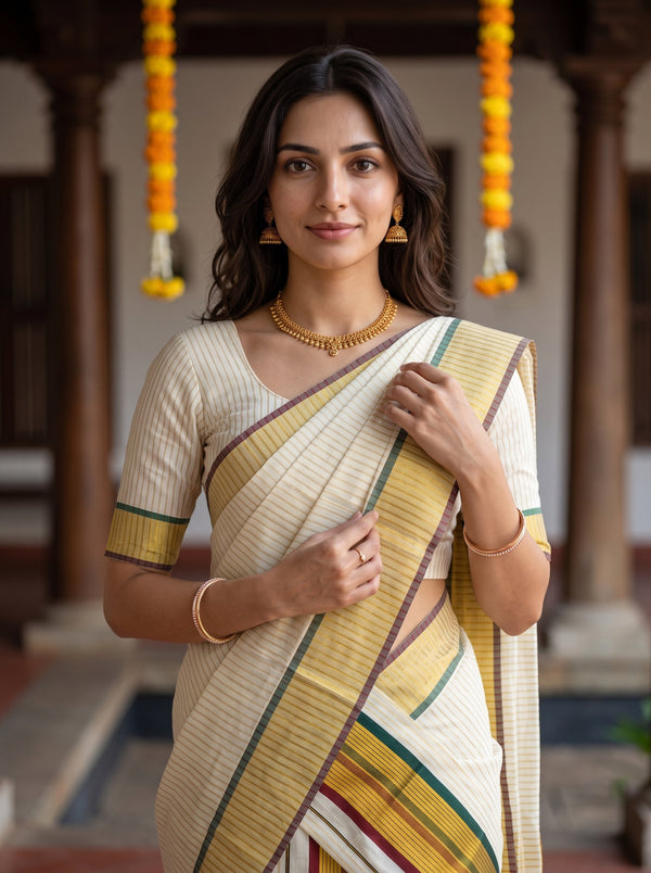 Cotton Cream Kasavu Pinstripe Maroon Green Border Onam Special Set Mundu