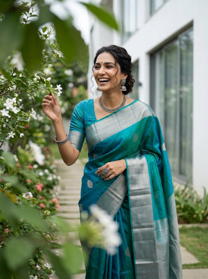 Kanjivaram Silk Teal Blue with Silver Zari Border