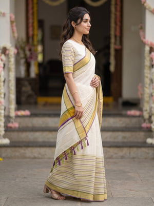 Cotton Cream Checkered Body Striped Gold Border Kerala Kasavu Set Saree