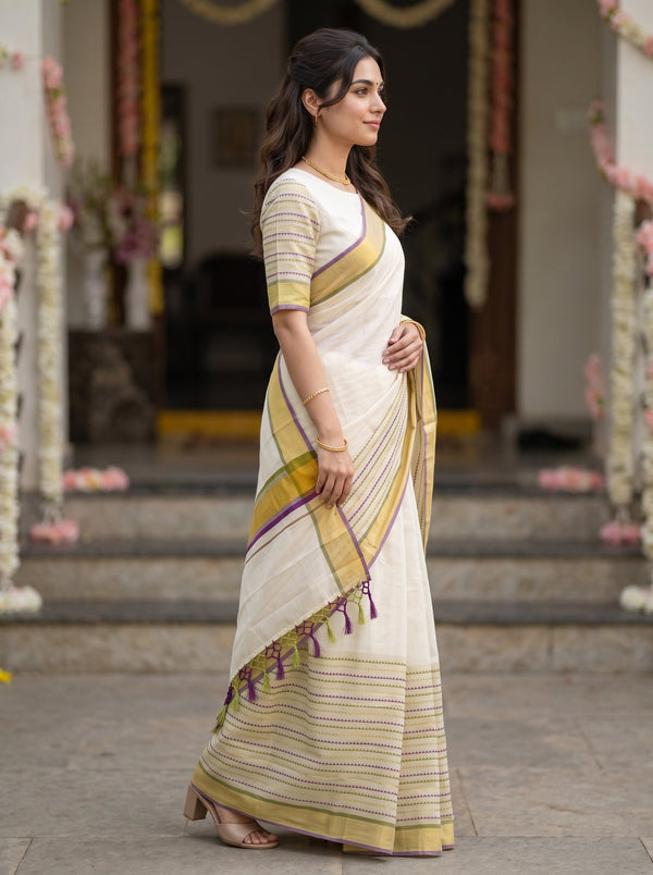 Cotton Cream Checkered Body Striped Gold Border Kerala Kasavu Set Saree