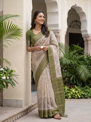 Pure Chanderi Off-White Black Kalamkari Peacock Print Saree