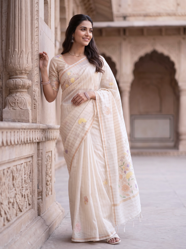 Pure Chanderi Off-White Saree with Embroidered Floral Pallu
