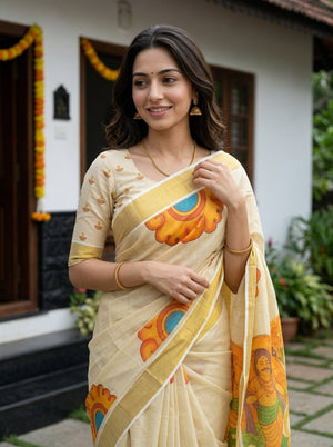 Tissue Cream Mural Onam Theme Pallu Figure Print Set Saree with Tassels