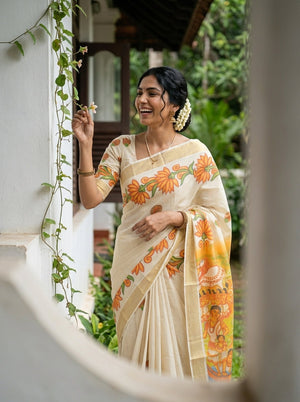 Tissue Cream Floral Mural Scene Print Tasseled Kerala Set Saree