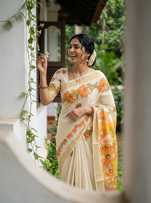 Tissue Cream Floral Mural Scene Print Tasseled Kerala Set Saree