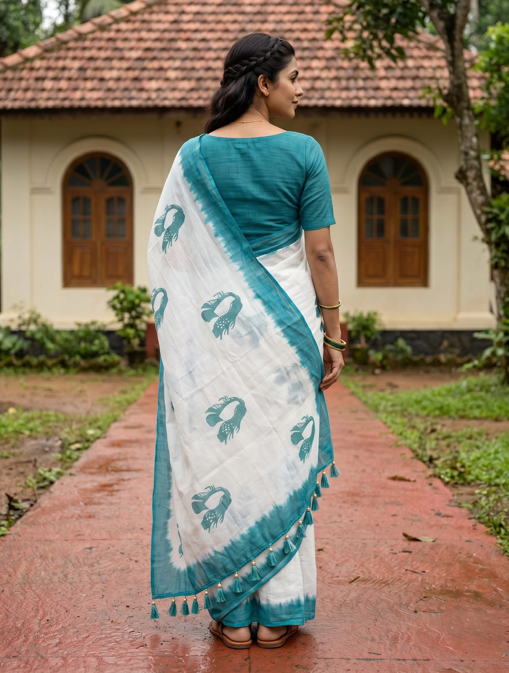 Cotton Off-White Face Print Teal Dip-Dye Border Tassel Saree
