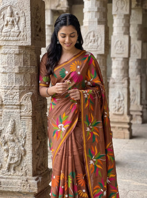 Tussar Silk Rust Orange Saree with Kantha Hand Embroidery Floral Pallu