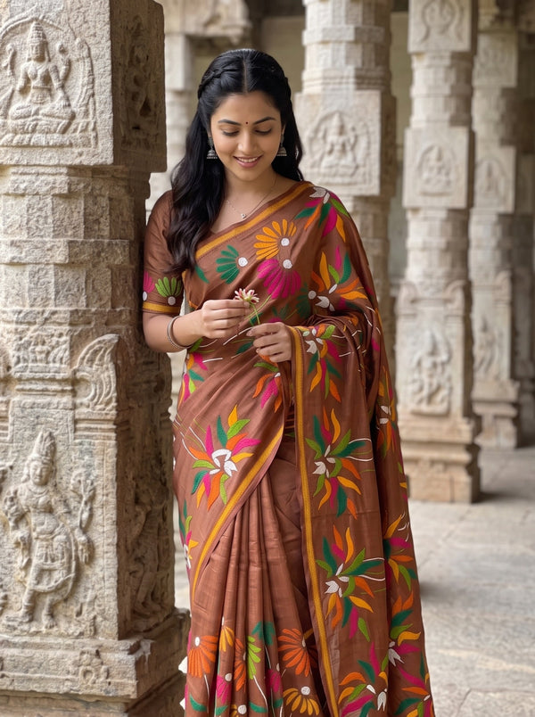 Tussar Silk Rust Orange Saree with Kantha Hand Embroidery Floral Pallu